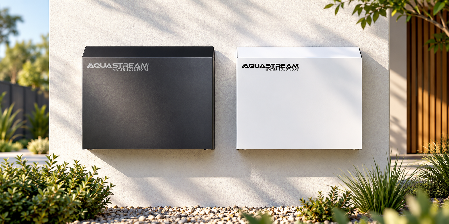 AquaStream DUO.1 and DUO.2 whole-home filtration systems installed on an exterior wall