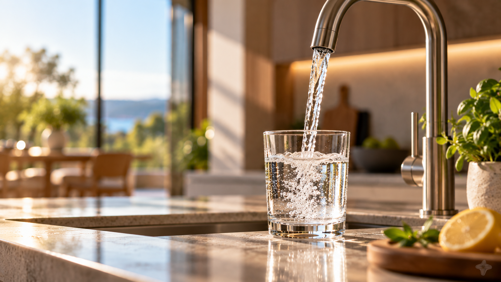 Filtered water pouring into a glass at a kitchen tap