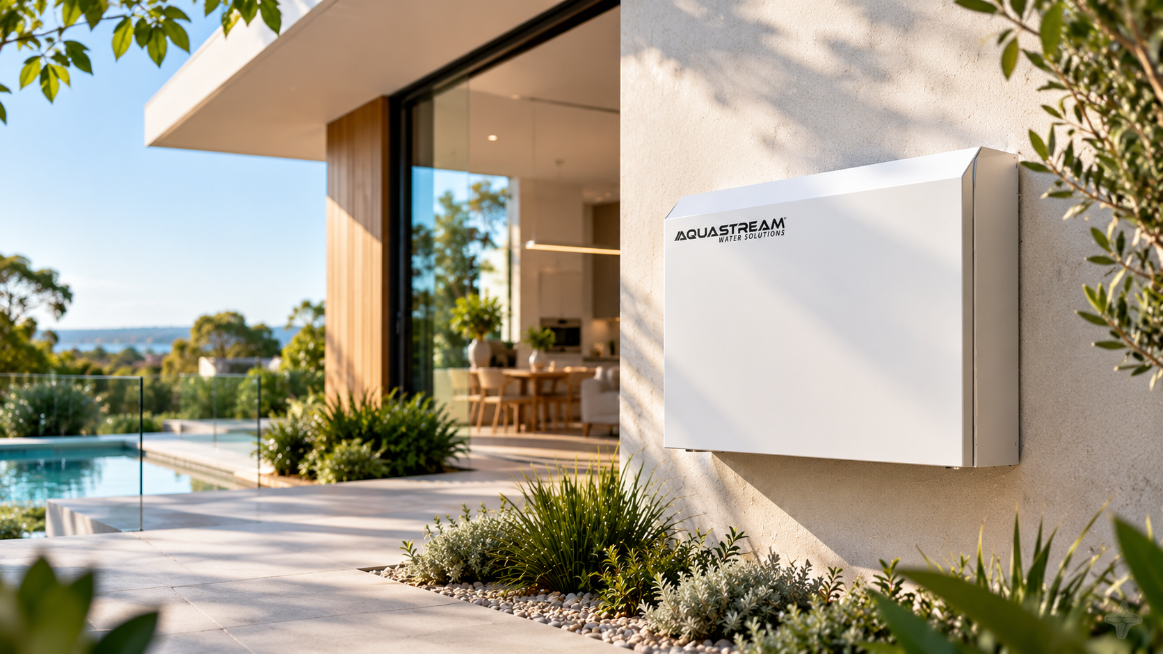 AquaStream DUO.1 whole-home filtration system on a modern home wall